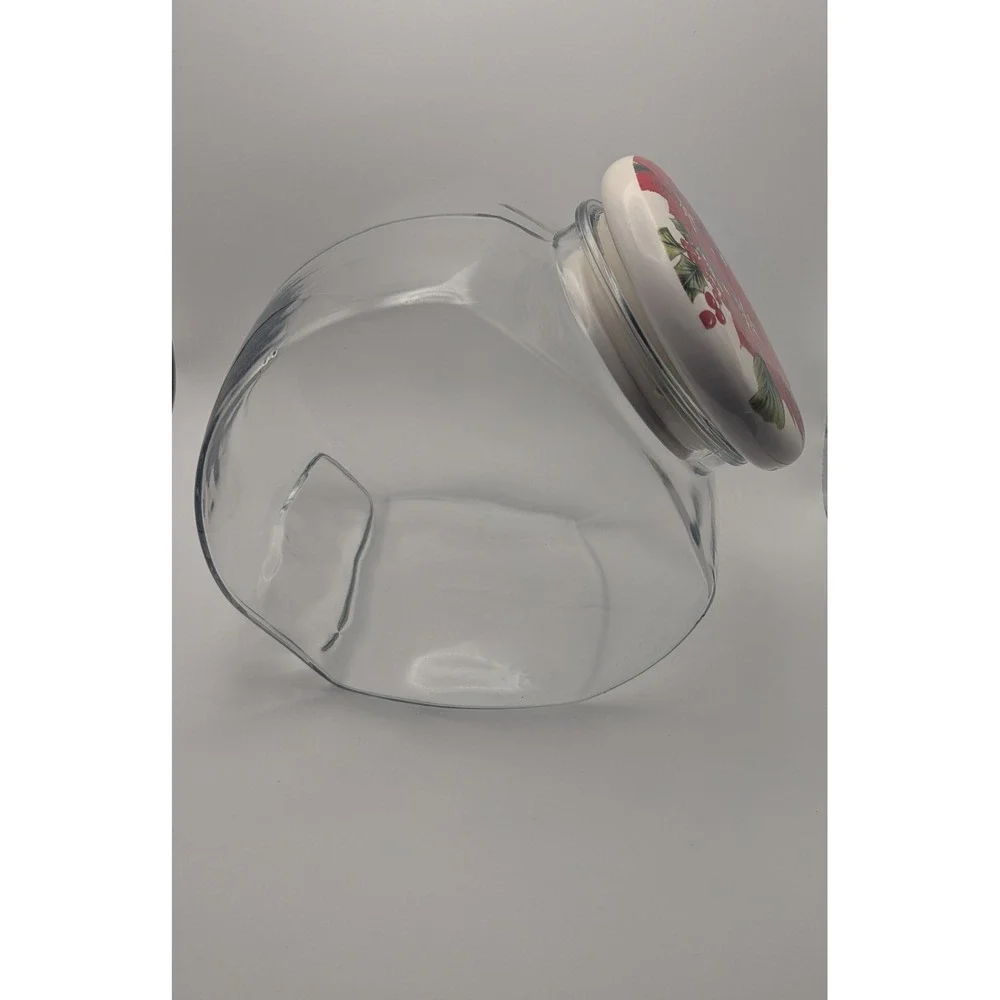 Vtg‎ Clear Glass Cookie Jar Ceramic Poinsettia Lid Christmas Holiday Container